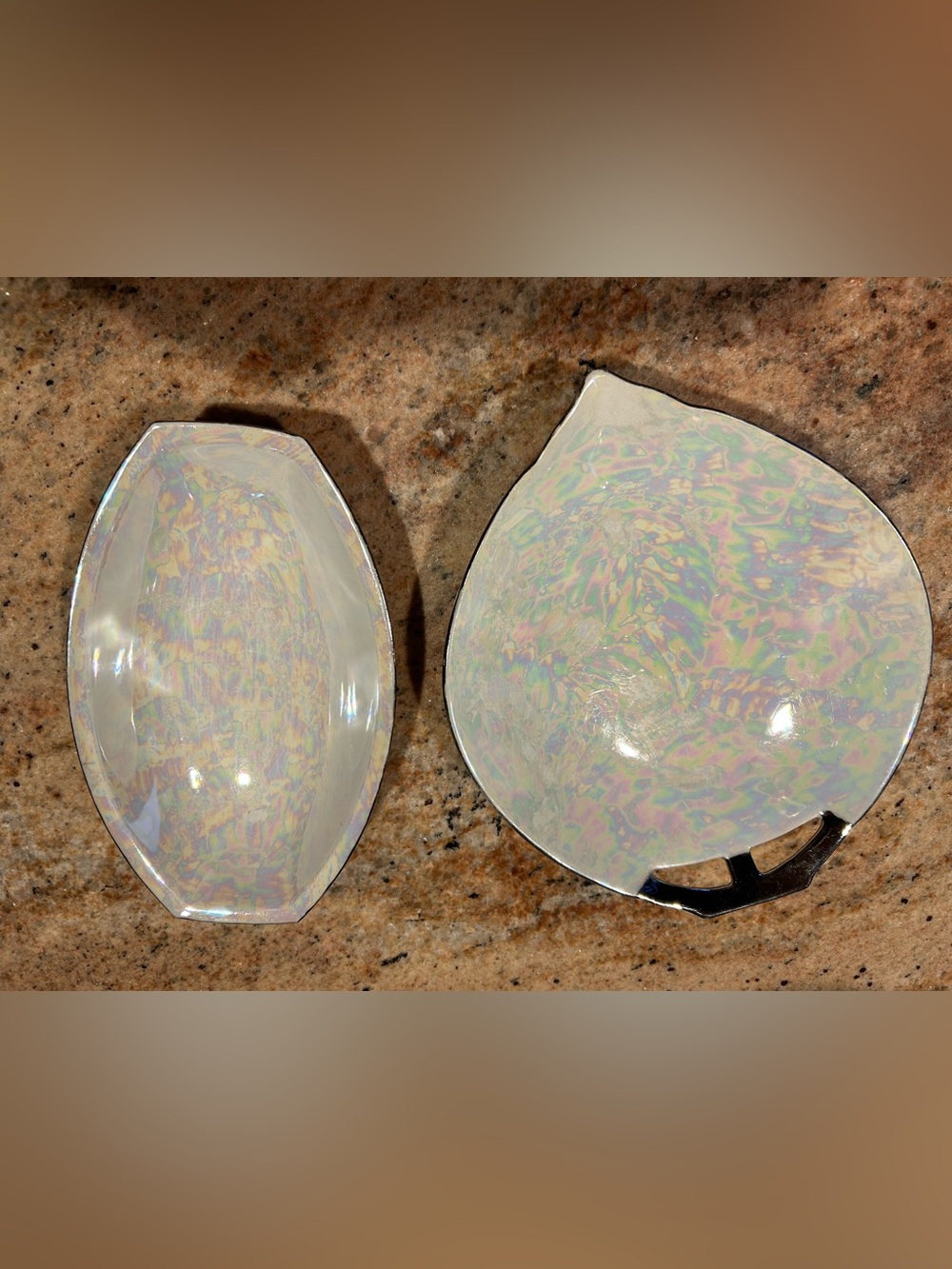 (2) Vtg German Am. Art Co. Platinum  Opalescent Relish & Candy Lusterware Dishes